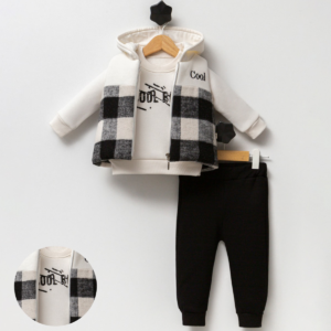 Παιδικό Σετ 3 Τεμαχίων με Αμάνικο Γιλέκο Καρό, Φούτερ με Κουκούλα και Μαύρο Παντελόνι
