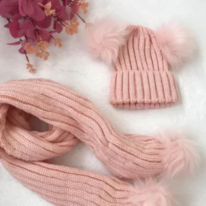 Σετ Παιδικό Πλεκτό Σκουφάκι & Κασκόλ με Γούνινα Pom-Poms (Π)