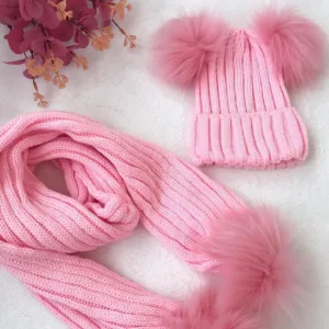 Σετ Παιδικό Πλεκτό Σκουφάκι & Κασκόλ με Γούνινα Pom-Poms (Ρ)