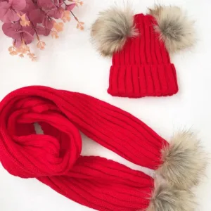 Σετ Παιδικό Πλεκτό Σκουφάκι & Κασκόλ με Γούνινα Pom-Poms(ΚΚ)
