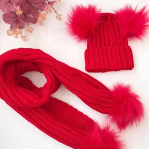 Σετ Παιδικό Πλεκτό Σκουφάκι & Κασκόλ με Γούνινα Pom-Poms(Κ)