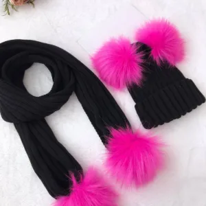 Σετ Παιδικό Πλεκτό Σκουφάκι & Κασκόλ με Γούνινα Pom-Poms