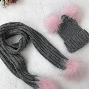 Σετ Παιδικό Πλεκτό Σκουφάκι & Κασκόλ με Γούνινα Pom-Poms (ΓΚ)