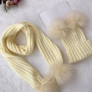 Σετ Παιδικό Πλεκτό Σκουφάκι & Κασκόλ με Γούνινα Pom-Poms (Λ)