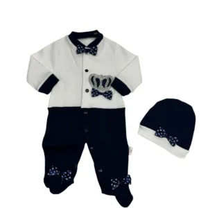 Κομψό Βρεφικό Σετ με Σκούρο Μπλε και Λευκό, Σκουφάκι (100% Βαμβακερό)