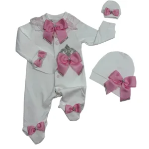 Βρεφικό Λευκό Σετ με Ροζ Φιογκάκια, Γάντια & Σκουφάκι (100% Βαμβακερό)