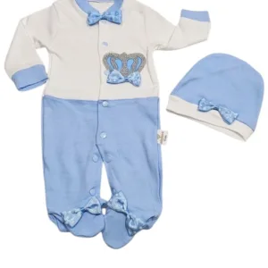 Βρεφικό Σετ Γαλάζιο & Λευκό με Φιογκάκια, Κορωνίτσα& Σκουφάκι (100% Βαμβακερό)