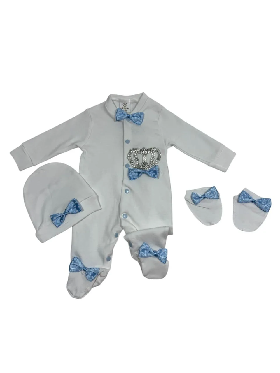 Σετ Βρεφικό Φορμάκι με Γαλάζιους Φιόγκους και Κορώνα