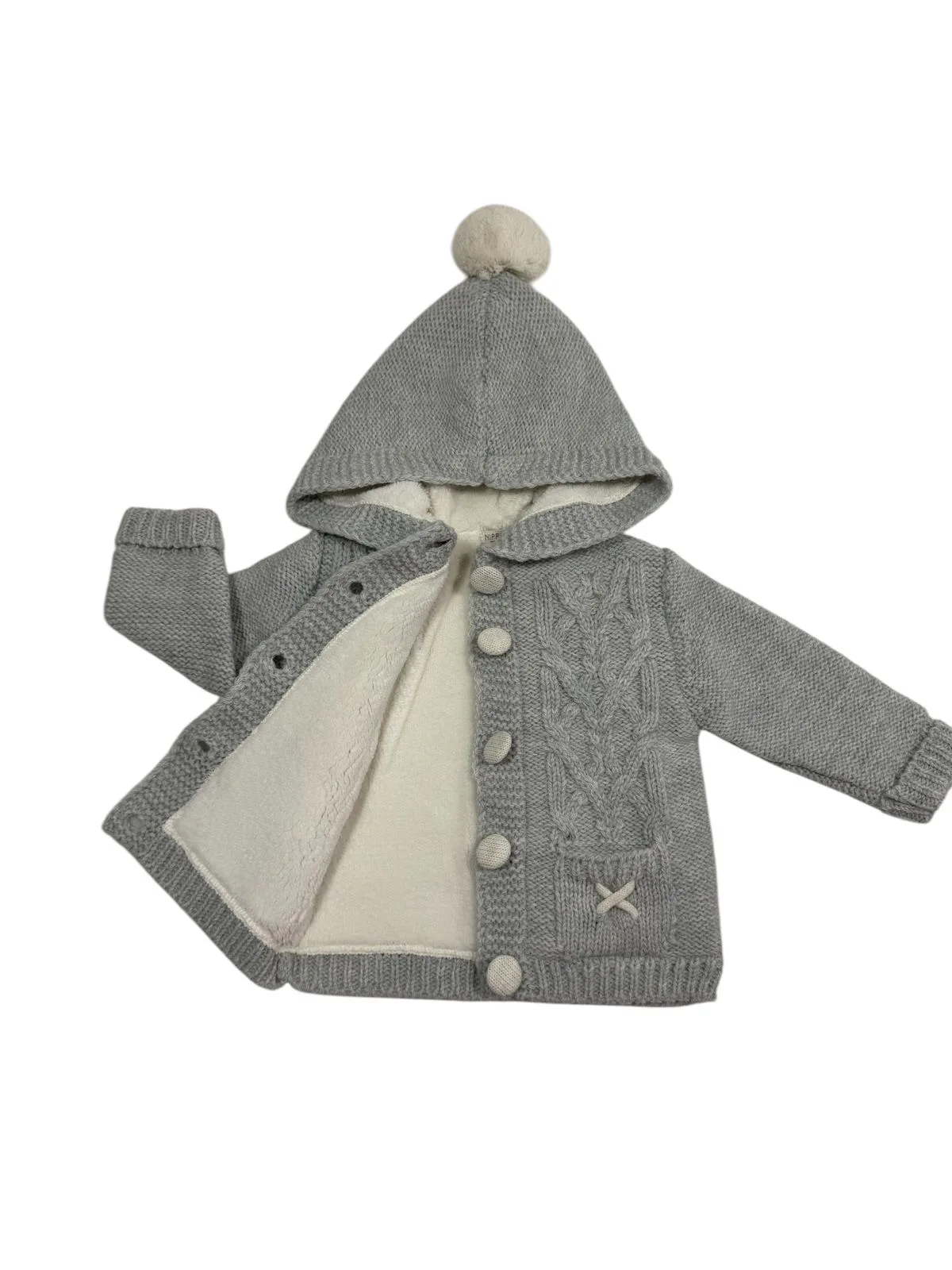 Πλεκτή Γκρι Ζακέτα με Κουκούλα και Πομ Πομ - Image 2