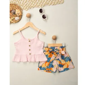 Καλοκαιρινό Σετ Παιδικό: Ροζ Rib Top & Σορτς με Φρουτένιο Σχέδιο για 2-5 Ετώ