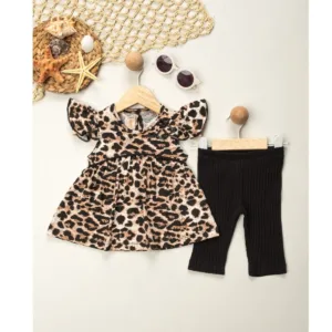 Σετ Βρεφικό Φόρεμα Animal Print με Βολάν & Μαύρο Κολάν