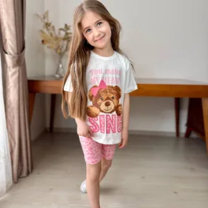 "Teddy Love": Παιδική Μπλούζα με Αρκουδάκι & Ροζ Πουά Σορτς