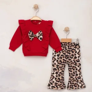 Μοντέρνο Σετ για Κορίτσια: Κόκκινη Μπλούζα με Φιόγκο & Παντελόνι, 95% Βαμβάκι