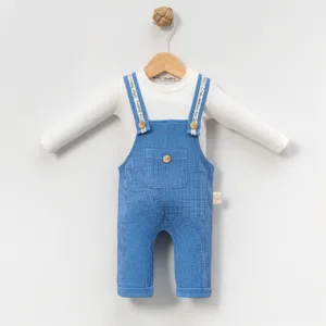 Βρεφικό σετ σαλοπέτα γαλάζια με μπλούζα – βαμβακερό waffle outfit 2 τεμαχίων