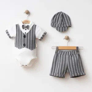 Βρεφικό Σετ Gentleman με Γιλέκο & Καπέλο Γκρι ριγέ– 4 Τεμαχίων