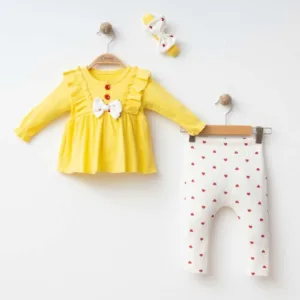 Βρεφικό σετ κορίτσι 2 τεμαχίων κίτρινο με φιόγκο & παντελόνι καρδιές