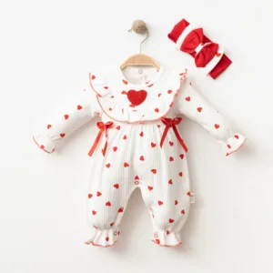 Βρεφικό Ολόσωμο Φορμάκι με Κόκκινες Καρδιές & Κορδέλα – Ρομαντικό Σετ Μωρού