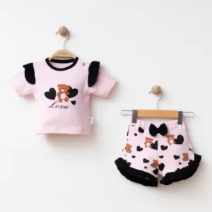 Βρεφικό Σετ 2 Τεμαχίων Ροζ με Αρκουδάκι & Καρδιές