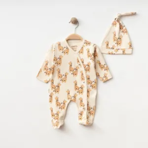 Βρεφικό φορμάκι ολόσωμο με καμηλοπάρδαλη + σκουφάκι – βαμβακερό σετ μπεζ