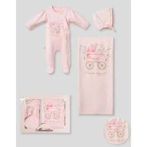 Βρεφικό Σετ Δώρου 3 Τεμαχίων για Κορίτσι – Φορμάκι, Κουβέρτα & Σκουφάκι Ροζ