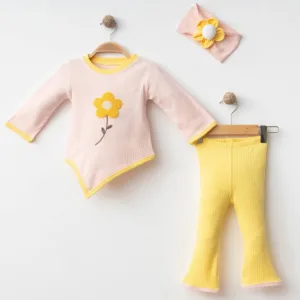 🌼Βρεφικό Σετ με Λουλούδι & Κορδέλα – Ροζ Μπλούζα & Κίτρινο Παντελόνι