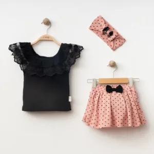 Κοριτσίστικο σετ με σχέδιο δαντέλα και φούστα ροζ πουά