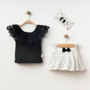 Κοριτσίστικο σετ με σχέδιο δαντέλα και φούστα εκρού πουά