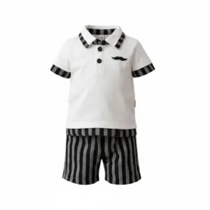 Βρεφικό σετ για αγόρι polo μπλούζα λευκή & σορτσάκι ριγέ – κομψό outfit